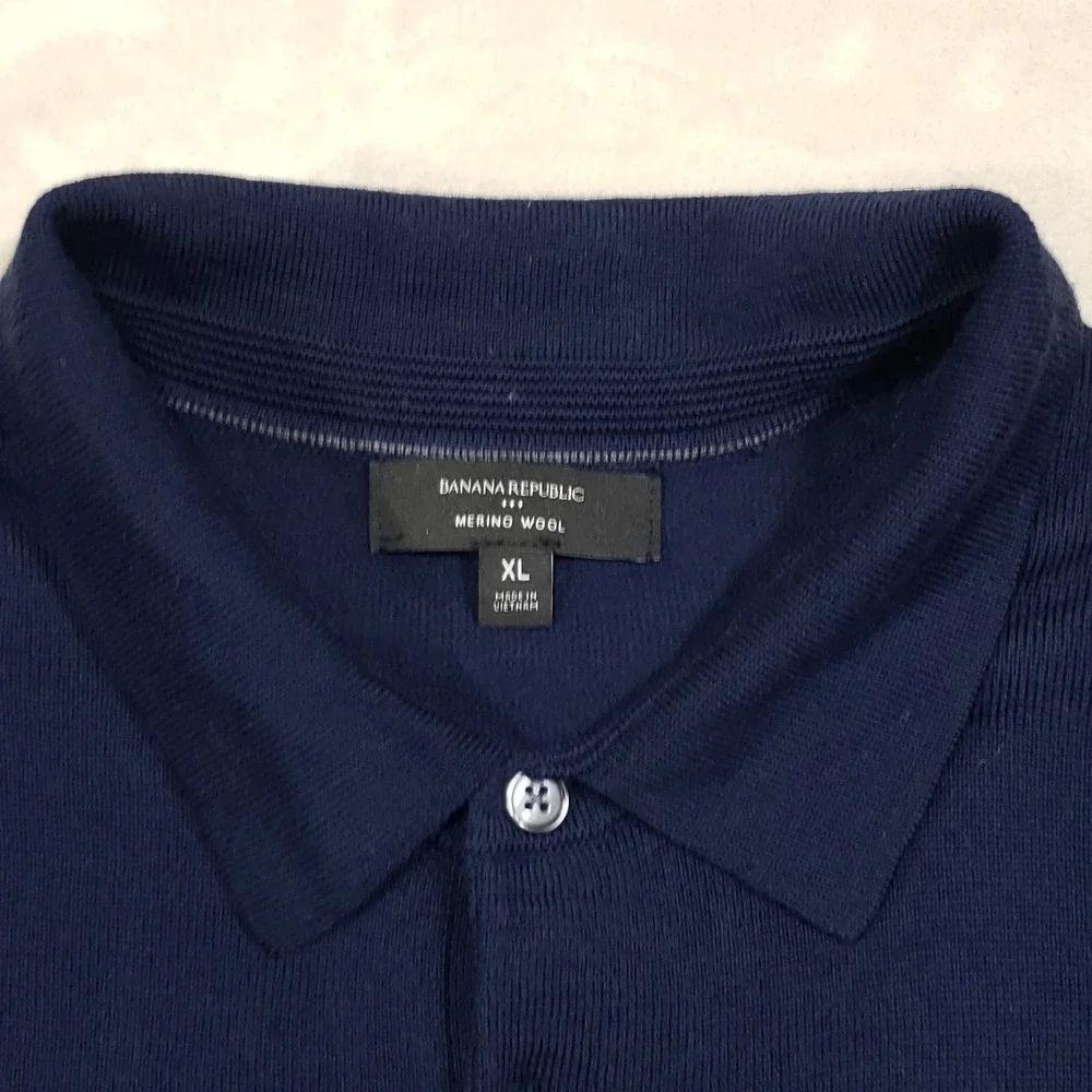 Banana Republic Sweater Polo Men XL Navy Blue Merino Wool Long Sleeve Tight Knit